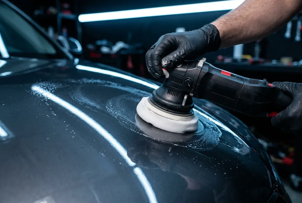 Polijstmachine op een donkergrijs carrosseriedeel